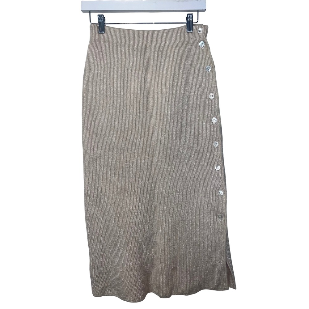 Vintage Crossings Beige Ribbed Knit Midi Skirt with Side‎ Buttons Women's Size M